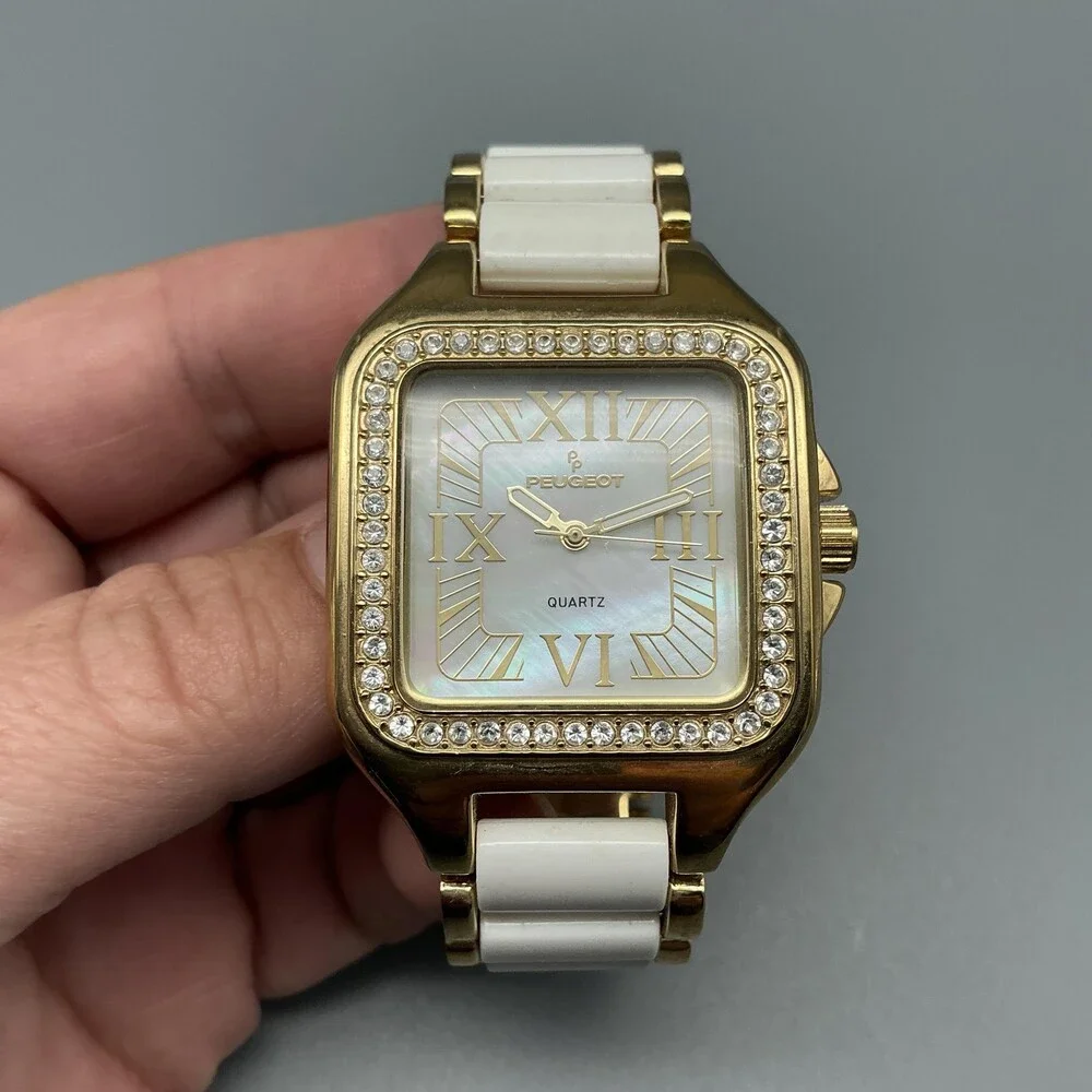 Peugeot Womens Watch 35mm Gold Tone MOP Crystal Bezel New Battery 7.25